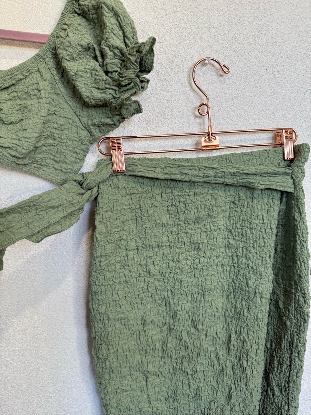 Sage Green Textured Two Piece Beach Set Wrap Skirt Puff Sleeve Top - Picture 5 of 11